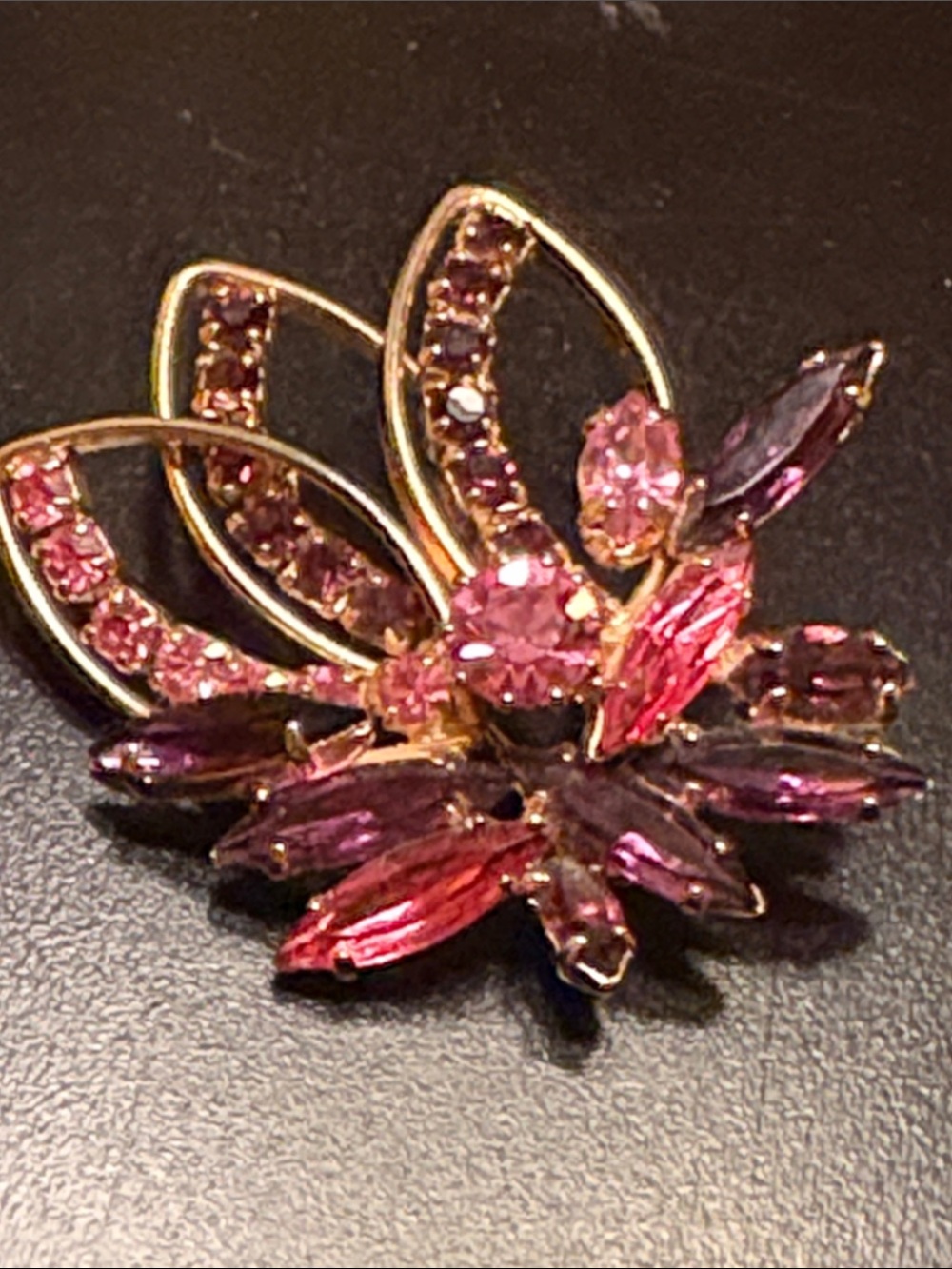 Vintage Pink Crystal Floral Brooch gold tone
